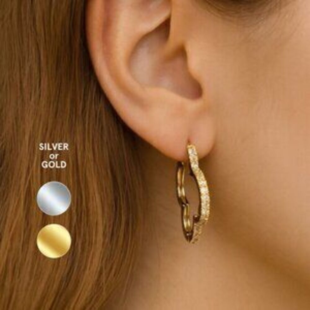 gold or silver Essie Pave Bling Clover Hoop Earrings Gift Minimalist